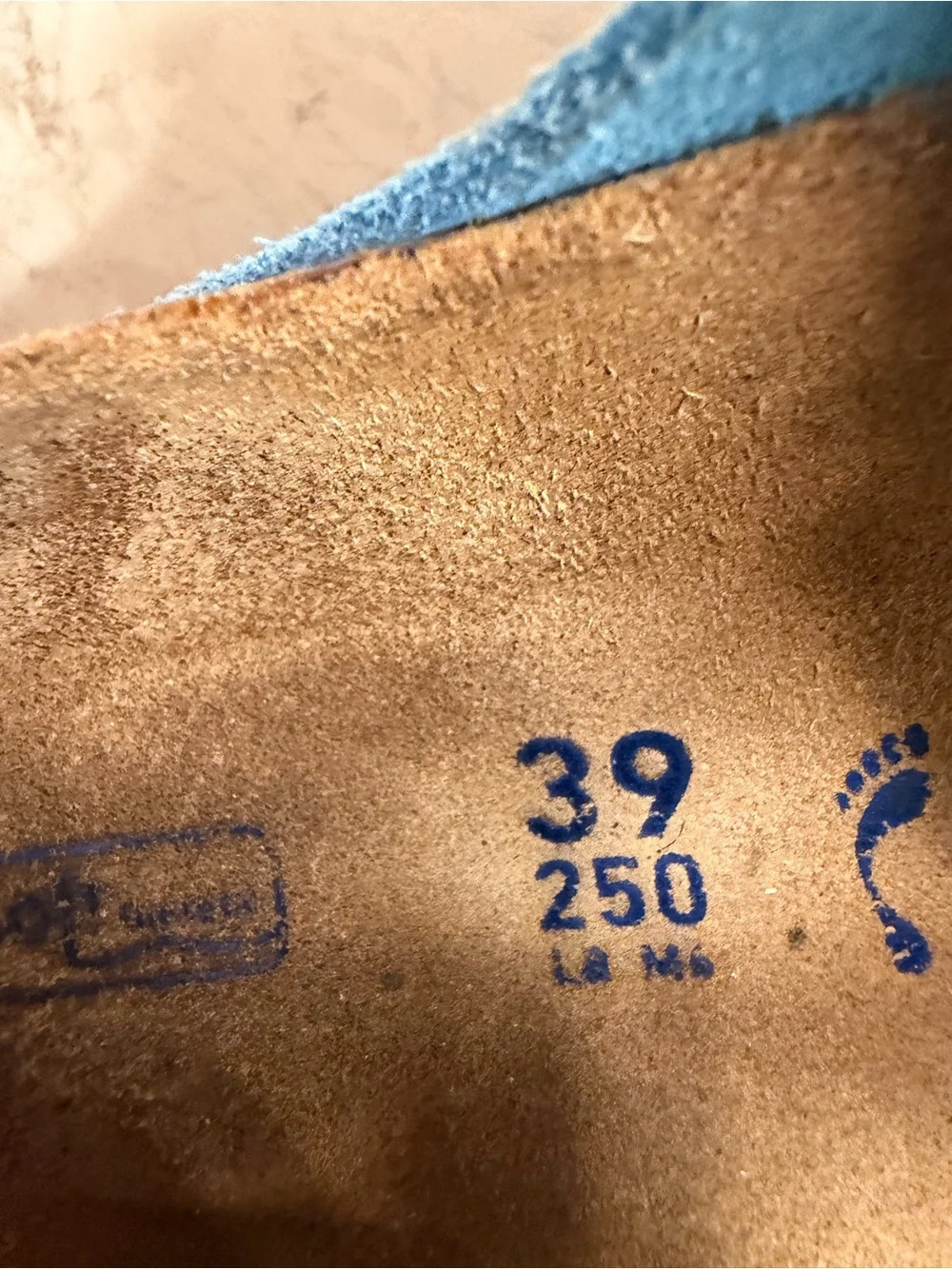 Birkenstalk Arizona suede blue, soft bed, cork bottom, size 39
